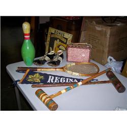Pair cleets, lunch box, bowling pin, banner & 2 crohet mallets