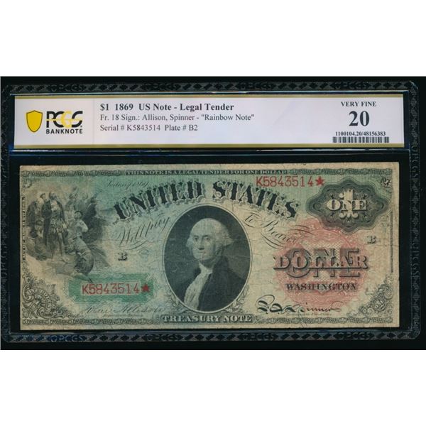 1869 $1 Rainbow Legal Tender Note PCGS 20