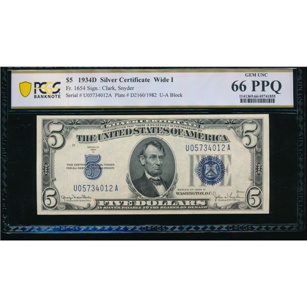 1934D $5 Silver Certificate PCGS 66PPQ