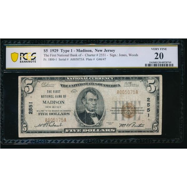 1929 $5 Madison NJ National PCGS 20