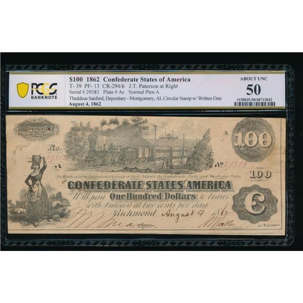 1862 $100 T-39 Confederate PCGS 50