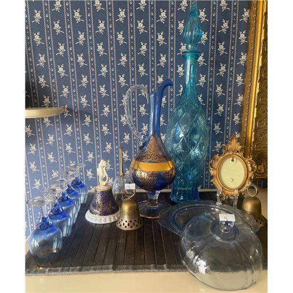 Vintage Blue Decanter Set w/ Decorative Bells & Tray