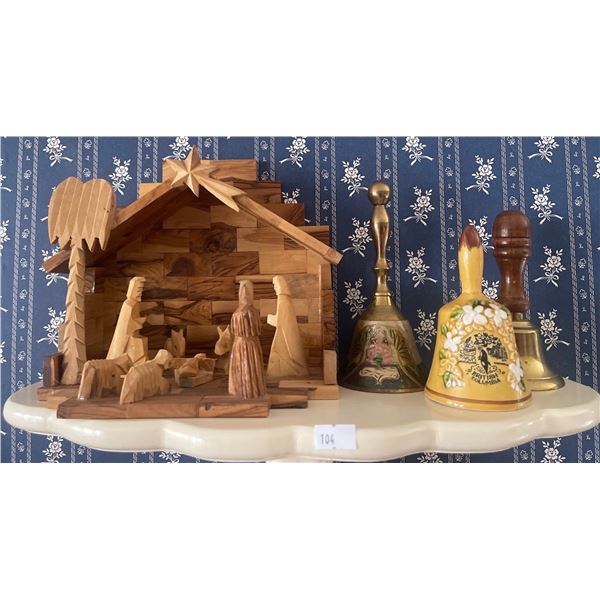 Hand Carved Nativity Scene w/ Assorted Decorative Bells & More