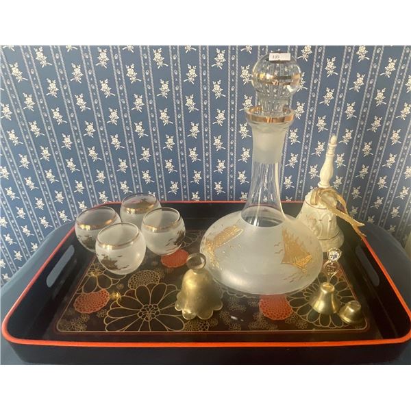 Gold Decanter Set w/ Assorted Decorative Collectables