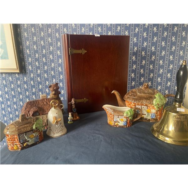 Mahogany Book/ Stash Spot w/ Assorted Ceramic Collectables & More