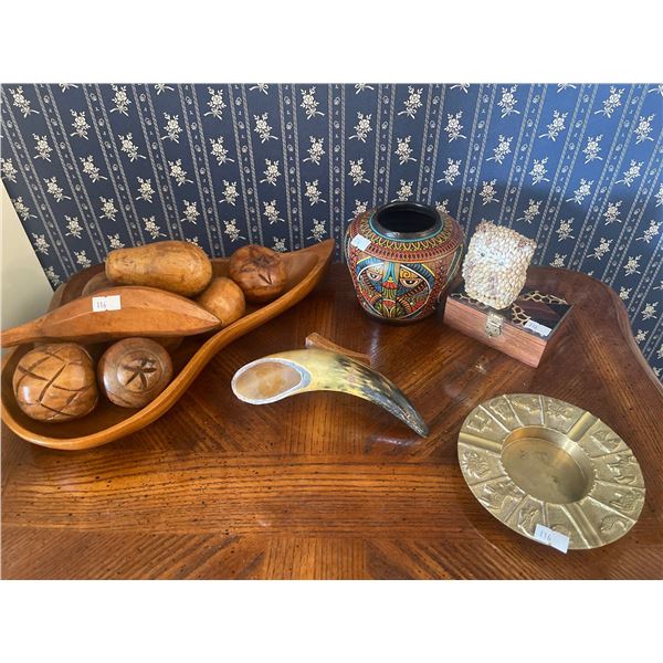 Decorative Hand Carved Fruit Bowl w/ Indigenous Pottery & More