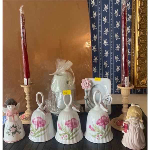 Collectable Wood Candle Holders Ceramic Photo Frame  & Assorted Bell Collection