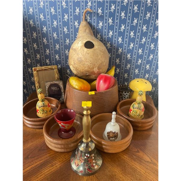 Wood Serving Bowl Collection w/ Decorative Fruits & Collectable Bells