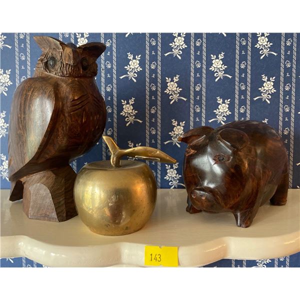 Hand Carved Wood Animal Figurines Owl & Pig