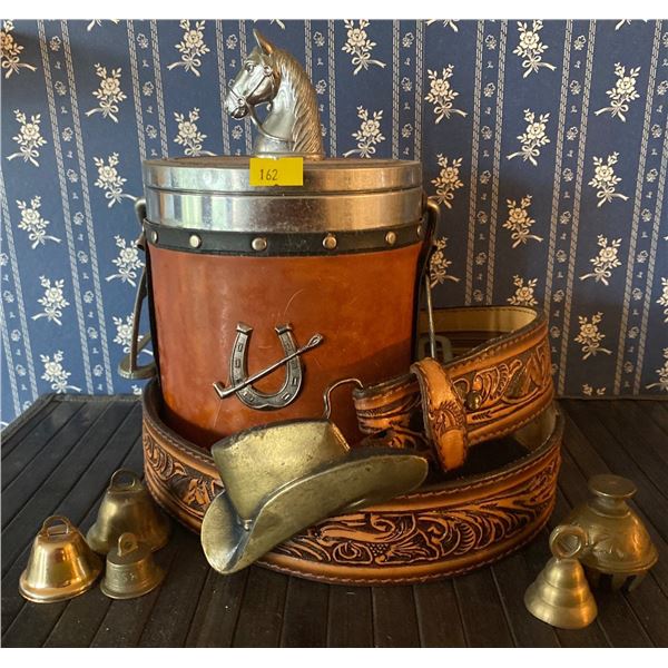 Western Themed Ice Bucket w/ Lid & Cowboy Hat Rodeo Belt