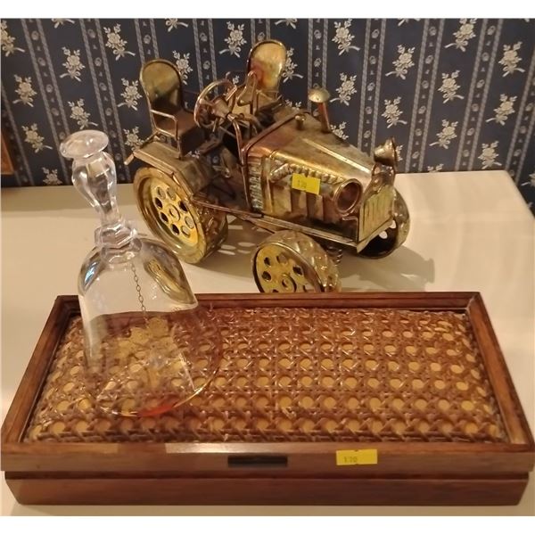 Antique Brass Automobile Figurine w/ Decorative Bamboo/ Wood Jewelery Box