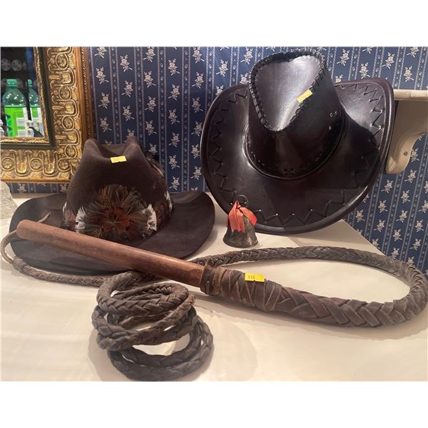Heavily Feathered Rodeo Hat Indiana Jones Leather Hat w/ Whip & More
