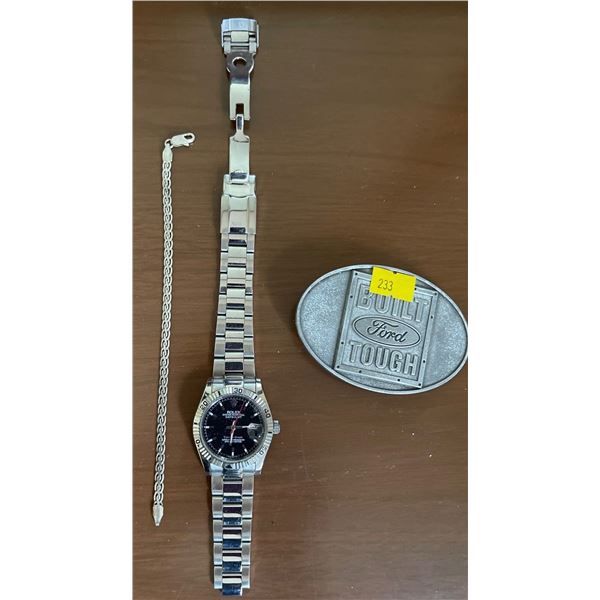 "Rolex Replica" w/ 925 Silver Chain & Belt Buckle