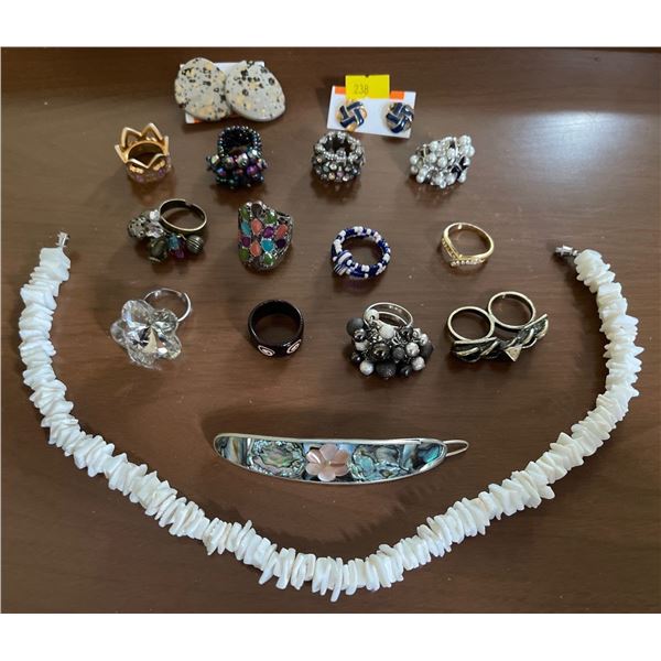 Puka Shell Choker w/ a Dozen Decorative Custom Jewlery Rings & More