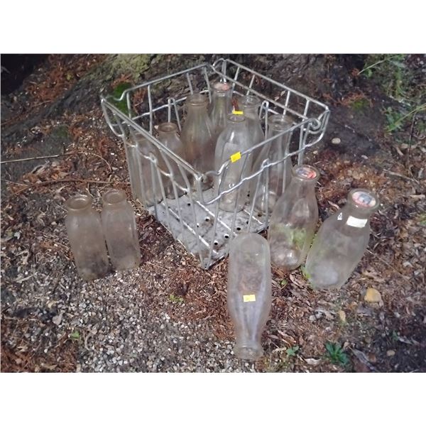 Antique Milk Crate w/ Assorted Milk Vessels