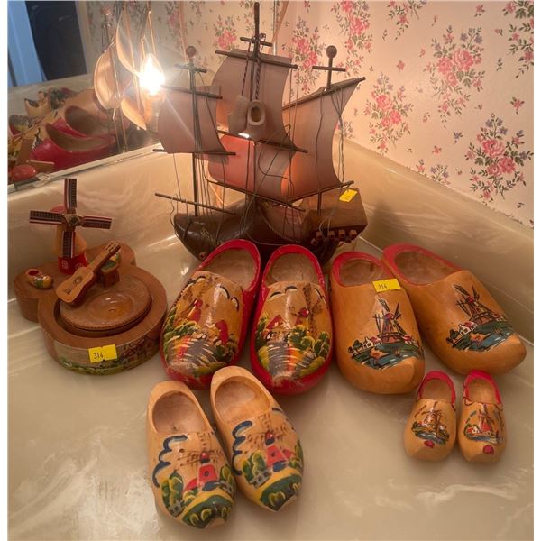 Wooden Shoe Ship w/ Assorted Wooden Shoe Collection