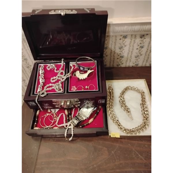 Elegant Mahogany Jewelery Box w/ Mother of Pearl Accents & It's Contents