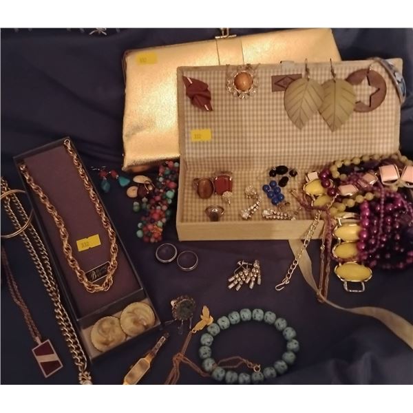 Beaded Jewel Box 10x2.5 & Contents Vintage Clutch & More