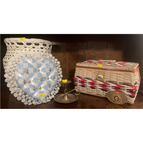 Vintage Sewing box w/ Contents Woven Basket & More