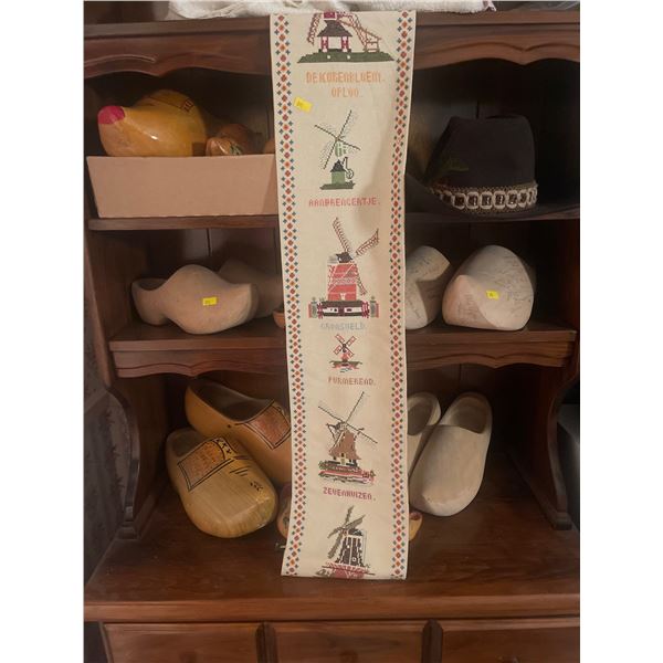 Hand Carved Dutch Wooden Slippers Cowboy Hat & Tapestry