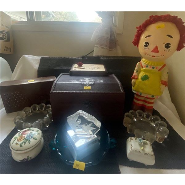 Antique Philico Pocket Radio Raggedy Ann Ceramic Coin Bank Trinket Boxes & More