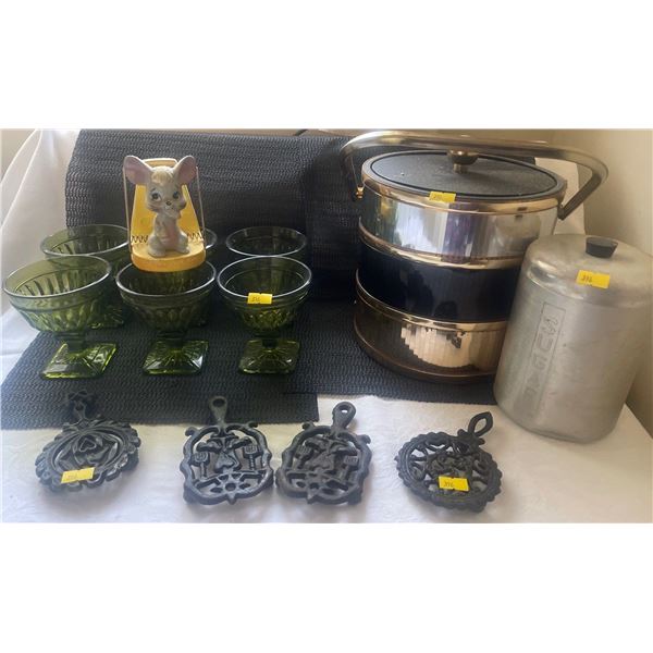 Depression Glass Goblets Ice Bucket Cast Iron Trivets & More