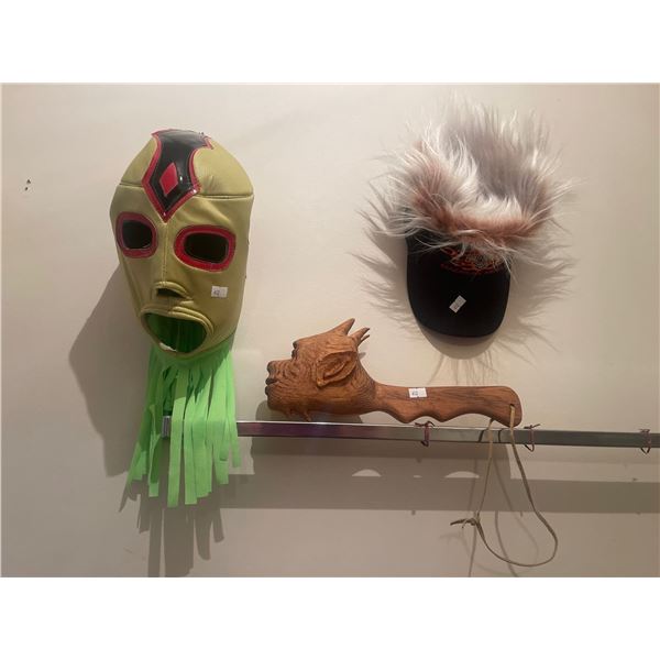 Cuba Libre Mexican Wrestler Mask Wood Hand Carved Club & Harley Davidson Mullet Hat