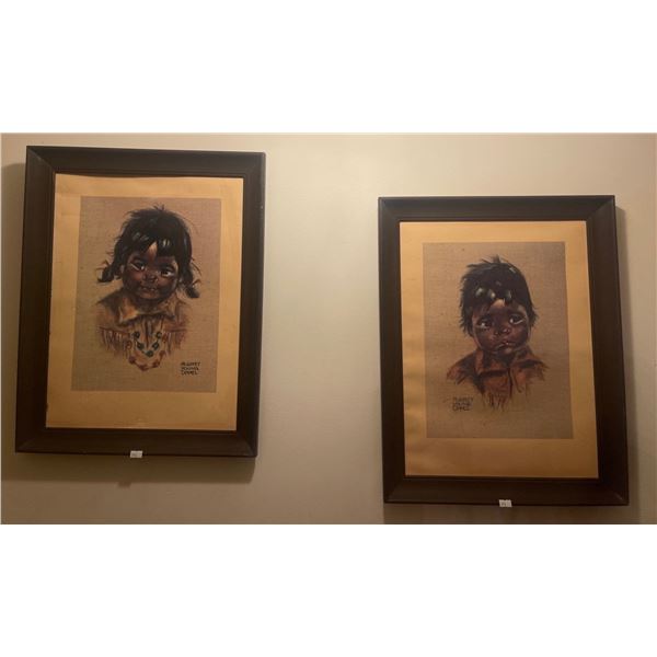 Pair of Audrey Young Oppal's Indigenous Children Oil Paint on Canvas 16x28