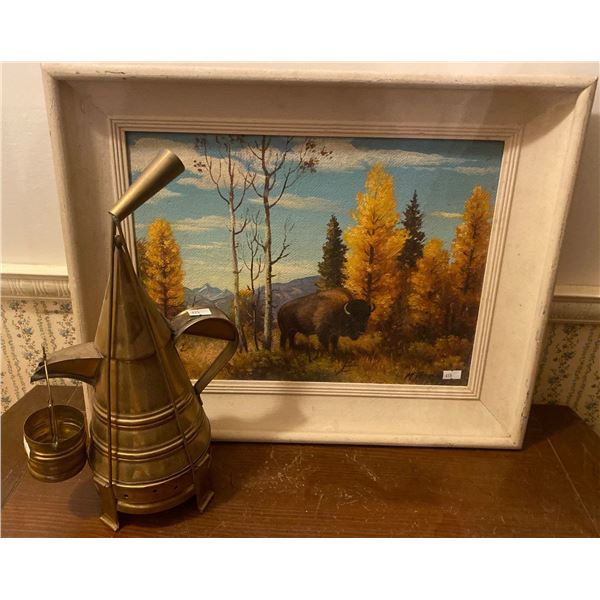 Antique Brass Swahili Coffee Decanter w/ Oil on Board Framed Bison Painting 25x30