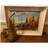 Image 1 : Antique Brass Swahili Coffee Decanter w/ Oil on Board Framed Bison Painting 25x30