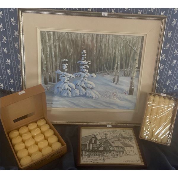 Winter Landscape Art 15x18 Charcoal Saloon Sketch Artist Unknown w/ Assorted Home Accents