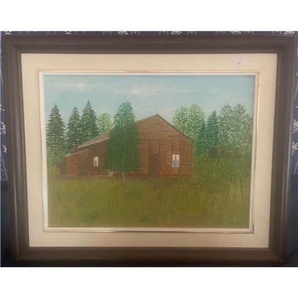 Log Cabin Painted Portrait 24x26 Artist Unknown