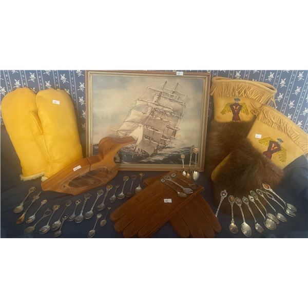 Vintage Sailing on Unsettled Seas Oil Paint on Board 24x26 Loon Coin Bank Leather Winter Mittens & M