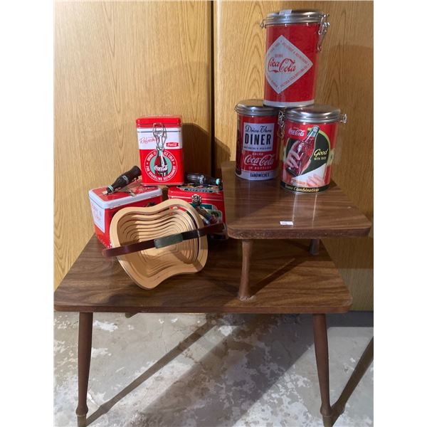 Vintage Telephone Table 37x33 & Collectable Coca Cola Tinsx41