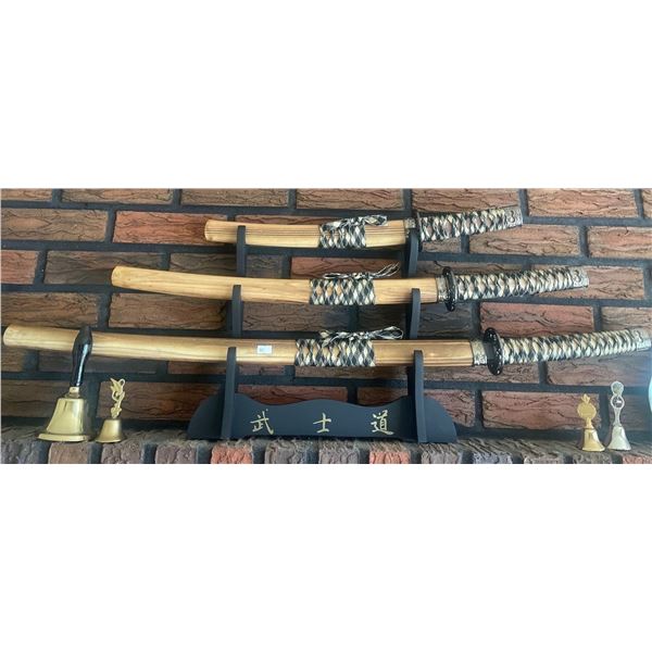 Authentic Chinese Samurai Swords w/ Wooden Sheaths & Display Stand