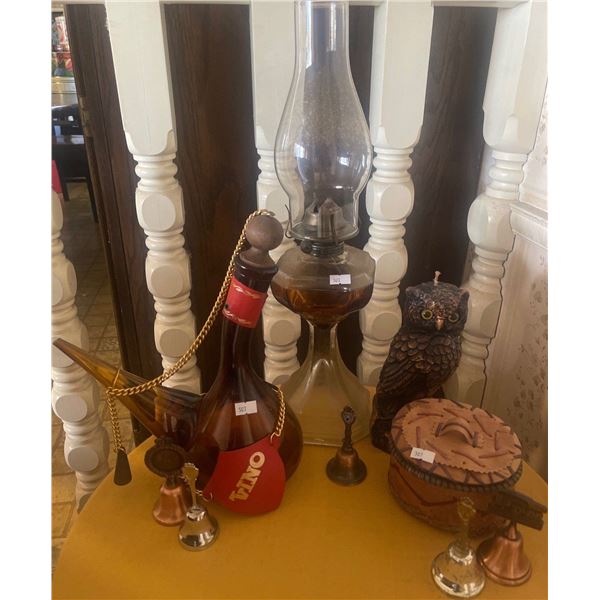 Antique Oil Lamp 21T w/ Unique Liquor Decanter Birch Bag w/ Lid & More