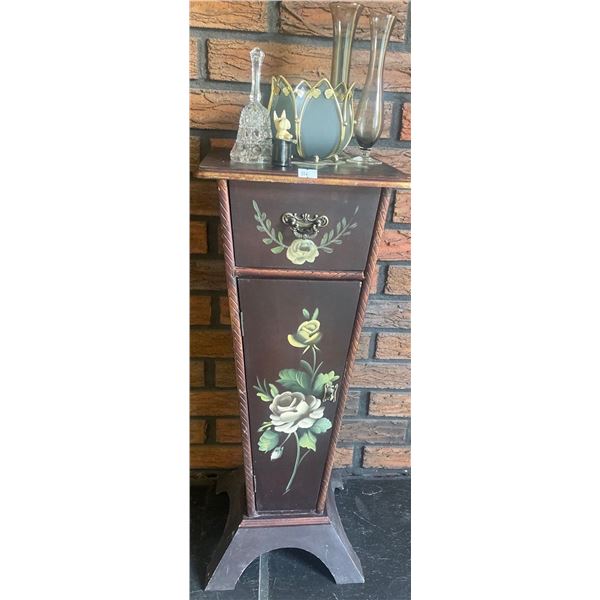 Hand Painted Decorative Floral Cabinet w/ Smoke Colored Glassware & More