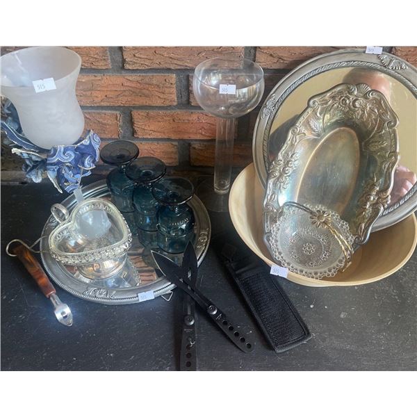 Tactical Throwing Knives w/ Travel Sheath & Vintage Blue & Chrome Servingware