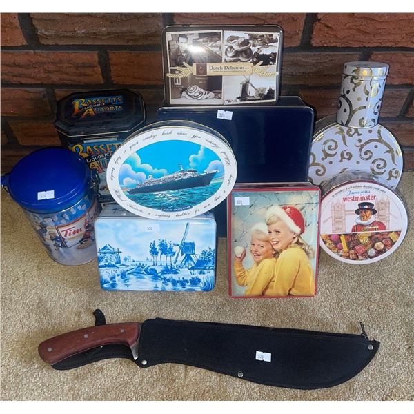 Tactical Machete/Dagger in Sheath w/ Assorted Collectable Tins New & Old