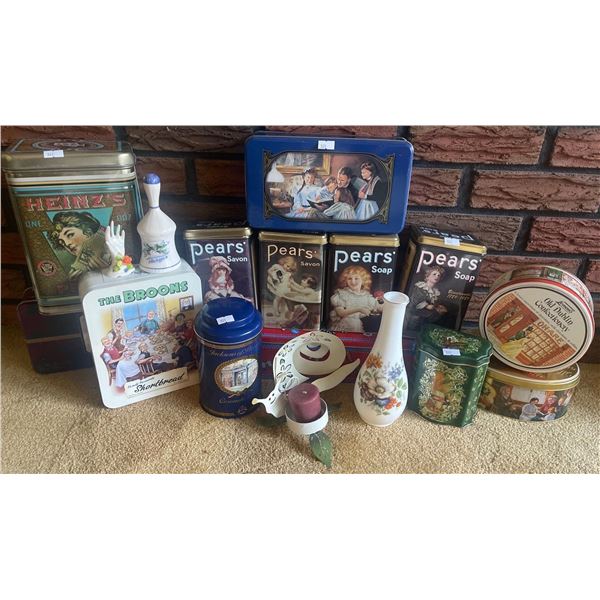 Vintage Collectable Tins w/ Decorative Vase & Candle Sconce