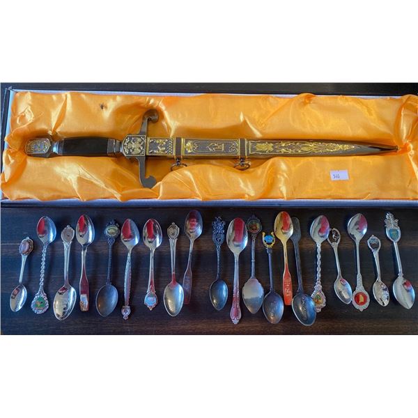 Collectable Sword in Brass Sheath w/ Assorted Decorative Spoons