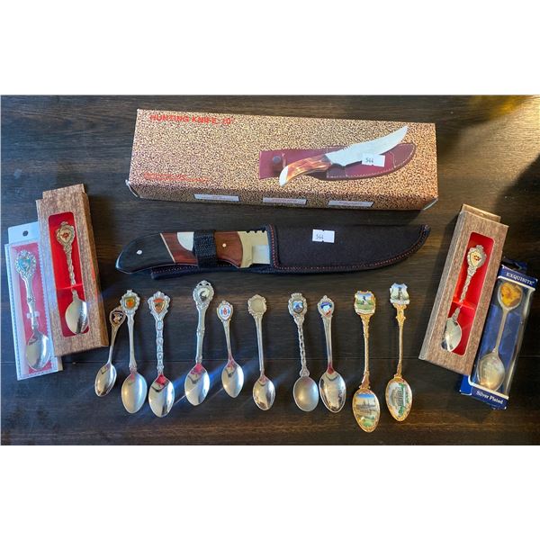 Hunting Knife w/ Sheath & Assorted Spoon Collection