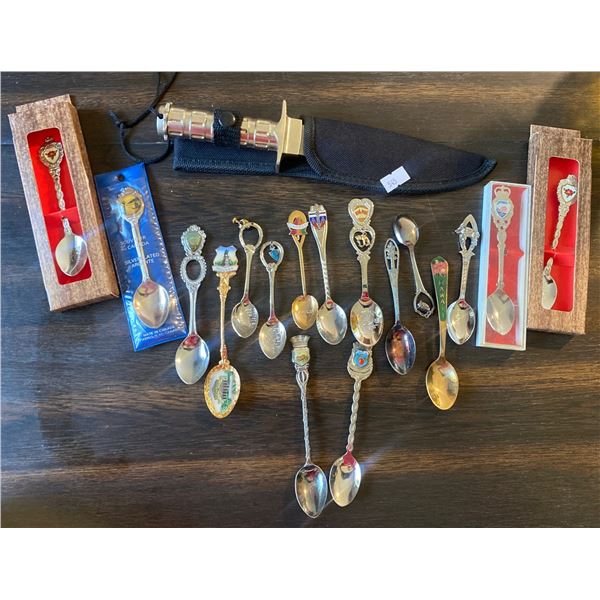 Heavy Gold Toned Hunting Knife w/ Sheath & Spoons