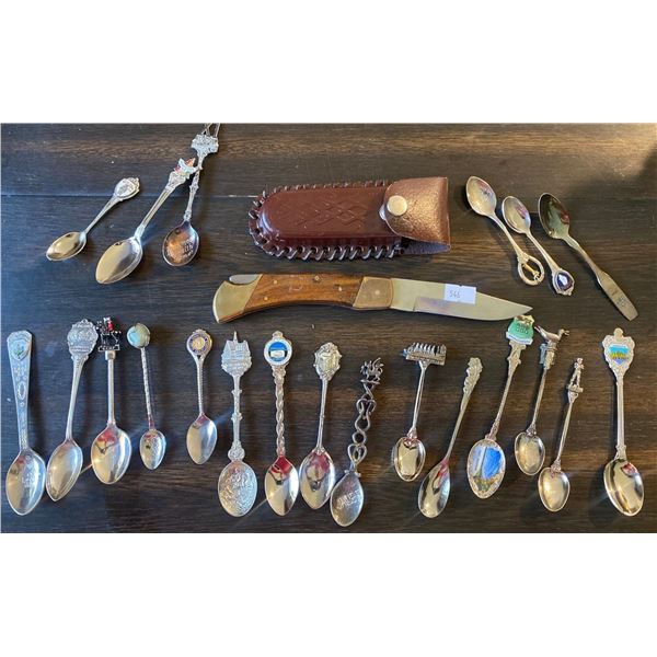 Vintage Hunting Knife w/ Belt Case & Assorted Spoon Collection