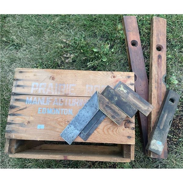 Antique Measuring Devices Levels Squares w/ Milk Crate
