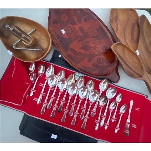 Vintage Silver Plated Utensil Collection Teak Serving Trays Nut Bowl w/ Crackers & More