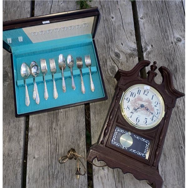 3x Silver Plated Utensil Collection w/ Vintage Table Clock