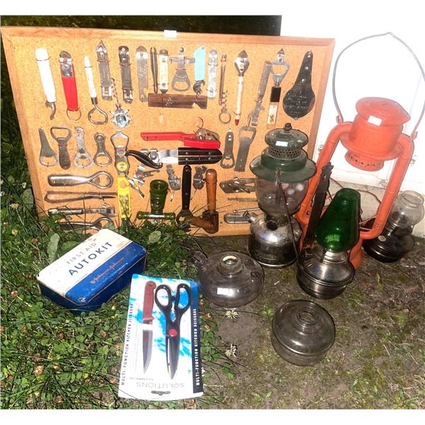 Antique Oil Lanterns 24T w/ Assorted Barware & More