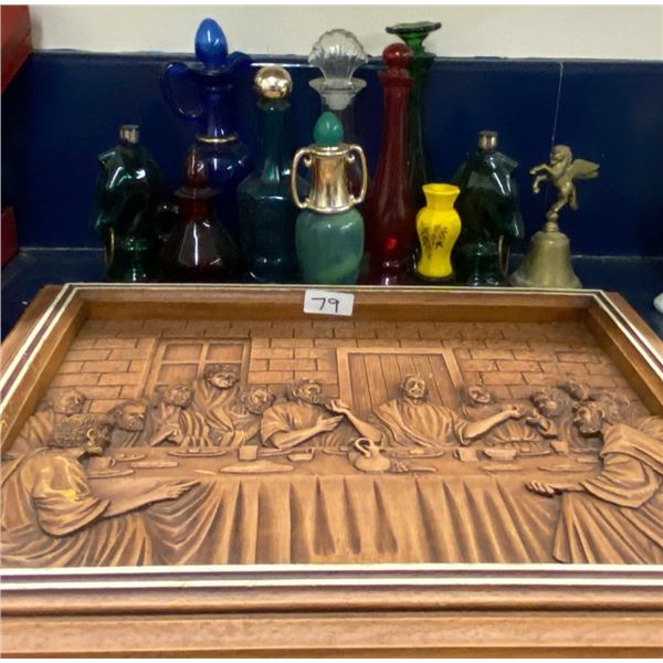 Hand Carved 3D Wall Hanging "The Last Supper" 16x12 w/ Assorted Collectable Avon Cologne Bottles