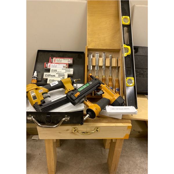 2 Bosch Air Nailers w/ Assorted Nails Brad Nails & Chisel Set in Case